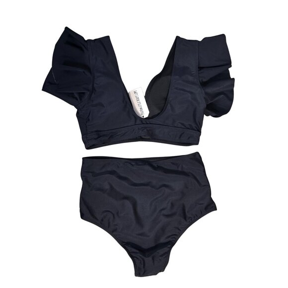 NWT | Black Ruffle Sleeve High Waisted Tummy Control Bikini Swimsuit | Medium - Picture 2 of 7